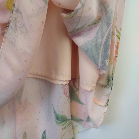 Cooper St Pink Floral Swiss Dot Frill Sleeve Neck Tie Midi Dress sz 4 - Picture 5 of 9